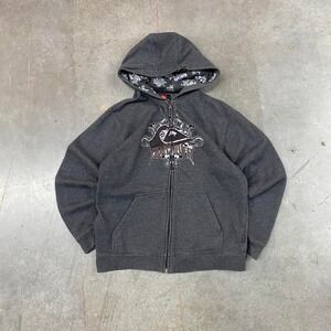 Y2K Quiksilver Grey Full Zip Hoodie Embroidered Logo Skatewear Kids Size XL